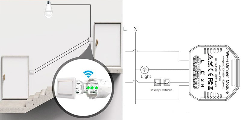 Проходное подключение 1-канального диммера Tuya Smart QS-WIFI-D01 к электросети